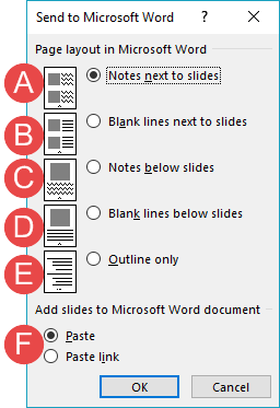 Send to Microsoft Word dialog box