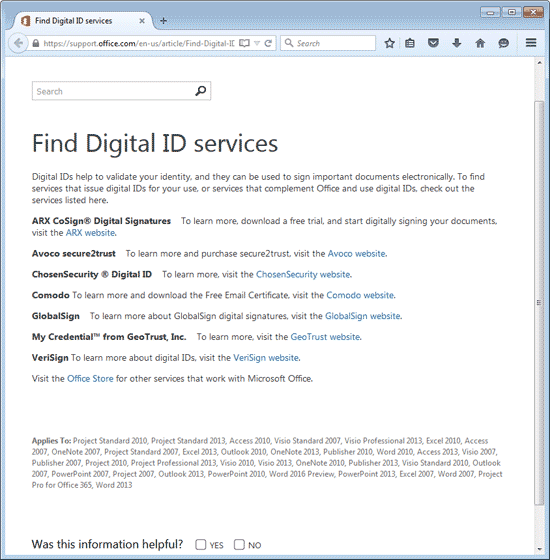 Web page showing list of services for digital IDs