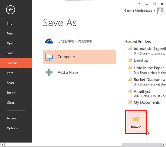 Browse button within the Save As Pane