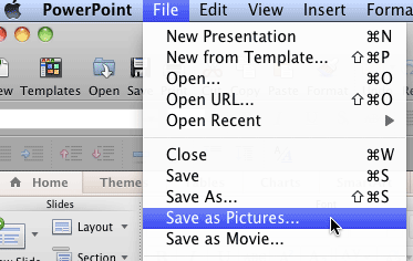 Save as Pictures option selected within the File menu