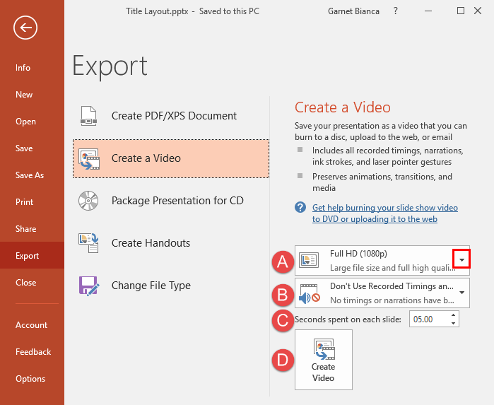 Export a Presentation to a Video Clip in PowerPoint 2016 for Windows