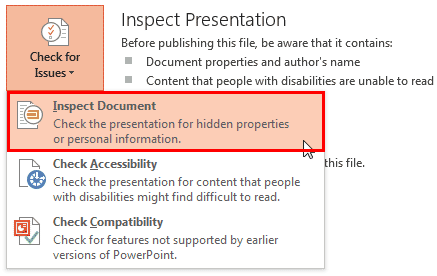 Inspect Document option selected within the Check for Issues drop-down menu