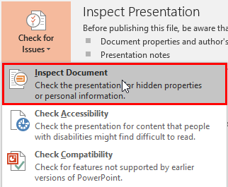 Inspect Document option selected within the Check for Issues drop-down menu