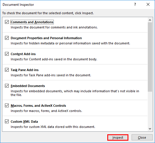 Document Inspector dialog box