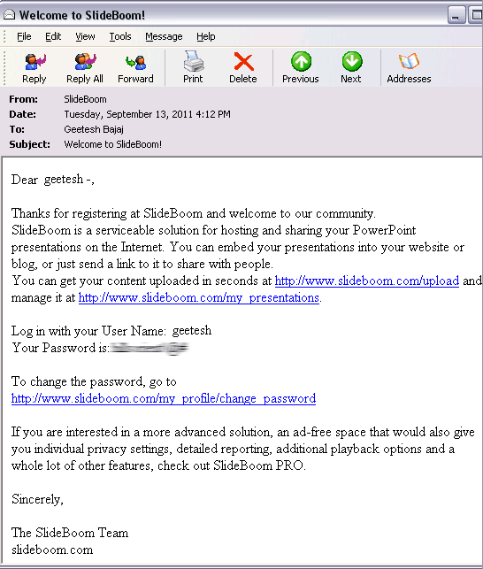 Confirmation e-mail from SlideBoom