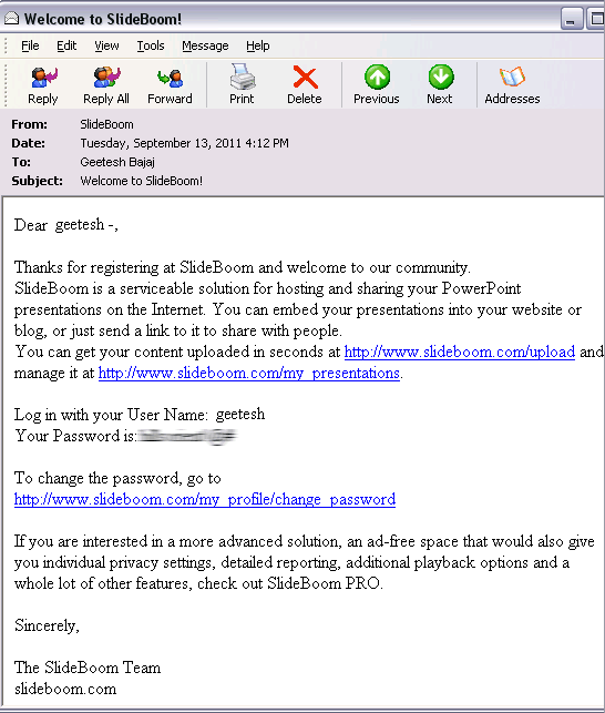 Confirmation e-mail from SlideBoom Confirmation e-mail from SlideBoom