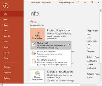 Mark as Final Option in PowerPoint 2016 for Windows