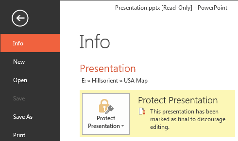 Protect Presentation area indicates the active presentation as marked as final