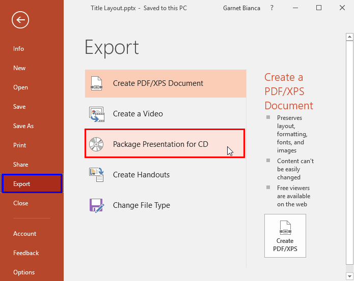 Export options within Backstage View