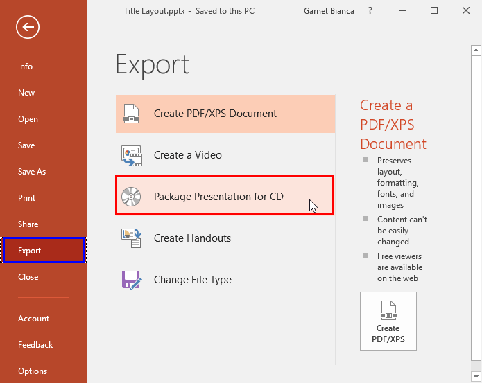 Export options within Backstage View Export options within Backstage View