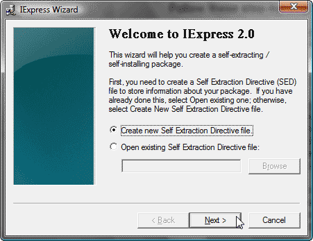New self extraction directive file