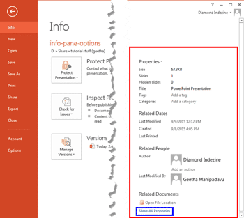 Properties of a Presentation in PowerPoint 2013 for Windows