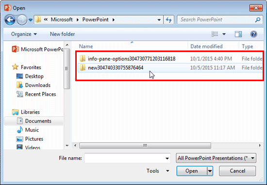 AutoRecover file location opened within Open dialog box
