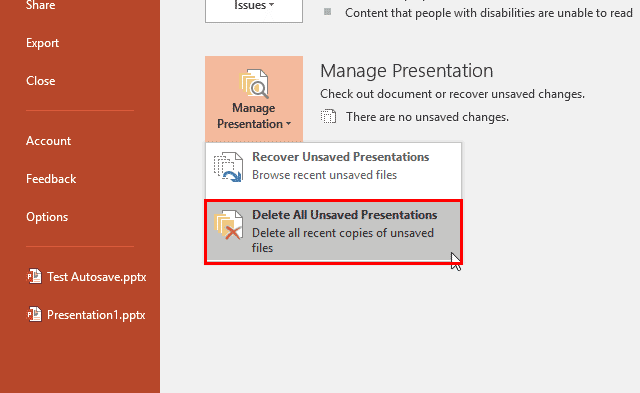 Delete All Unsaved Presentations option