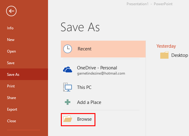 Browse button within the Save As Pane Browse button within the Save As Pane