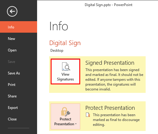 View Signatures button within the Info panel