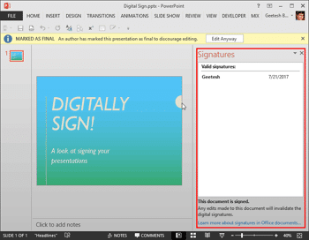Remove Digital Signatures in PowerPoint 2013 for Windows