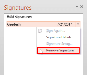 Selected signature’s drop-down list