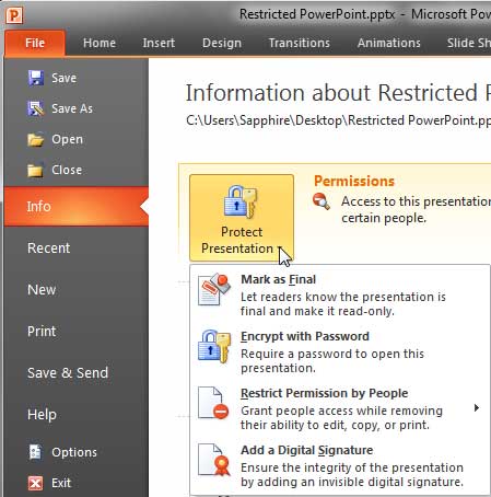 Protect Presentation drop-down menu Protect Presentation drop-down menu