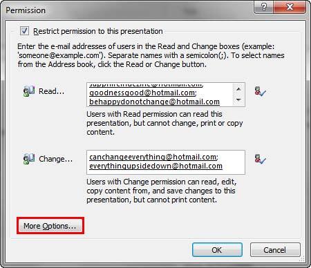 More Options button within the Permission dialog box More Options button within the Permission dialog box