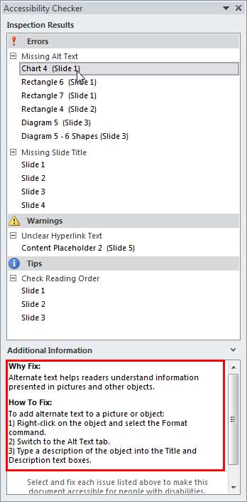 Additional Information section within the Accessibility Checker task pane