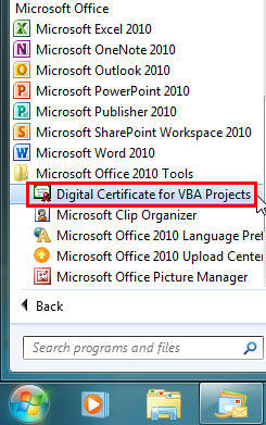 Digital Certificate for VBA Projects option to be selected Digital Certificate for VBA Projects option to be selected