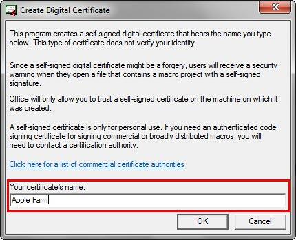 Create Digital Certificate dialog box Create Digital Certificate dialog box