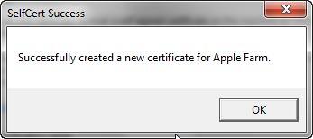 SelfCert Success window SelfCert Success window