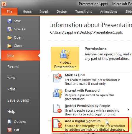 Add a Digital Signature option selected within the Protect Presentation drop-down menu Add a Digital Signature option selected within the Protect Presentation drop-down menu