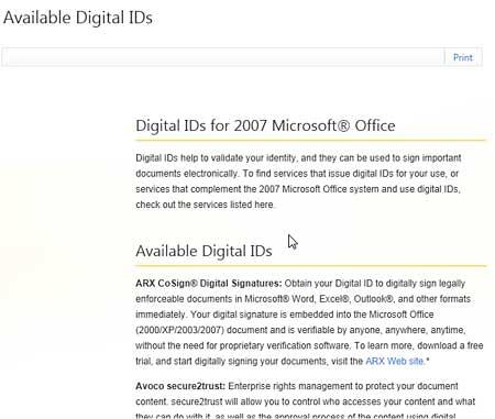 Web page showing a list of services for digital IDs Web page showing a list of services for digital IDs