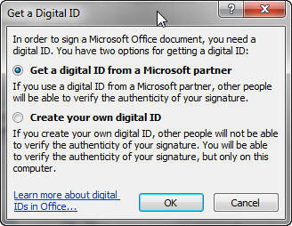 Get a Digital ID dialog box Get a Digital ID dialog box