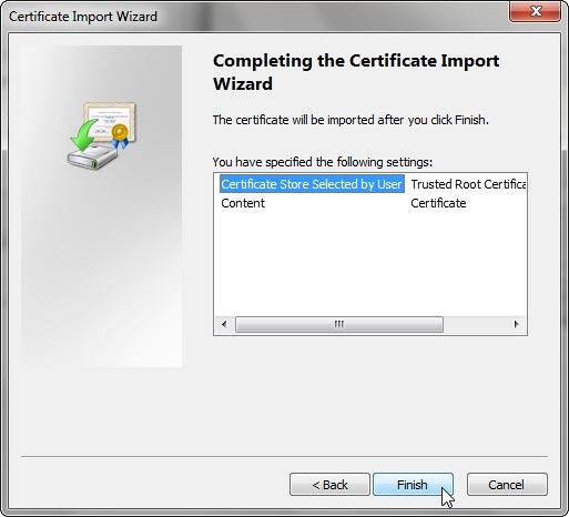 Final screen of the Certificate Import Wizard