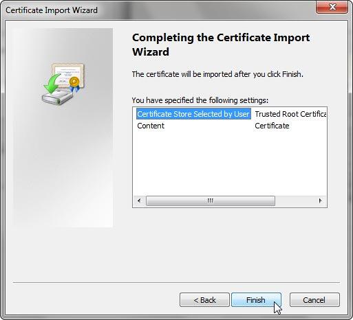 Final screen of the Certificate Import Wizard Final screen of the Certificate Import Wizard