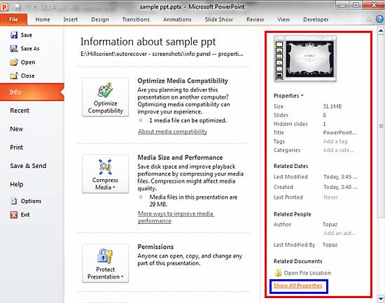 Properties pane within Backstage view Properties pane within Backstage view