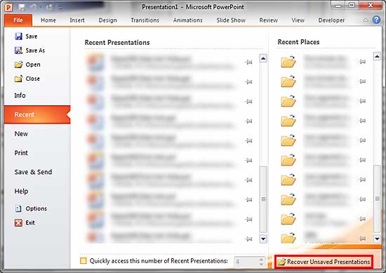 Recover Unsaved Presentations option to be selected
