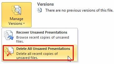 Delete All Unsaved Presentations option within the Manage Versions drop-down menu