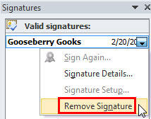 Selected signature's drop-down list
