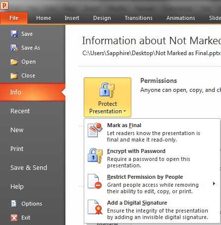 Protect Presentation drop-down menu within Info panel Protect Presentation drop-down menu within Info panel