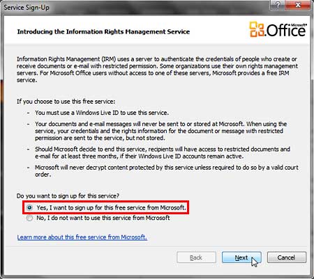 Service Sign-Up dialog box Service Sign-Up dialog box