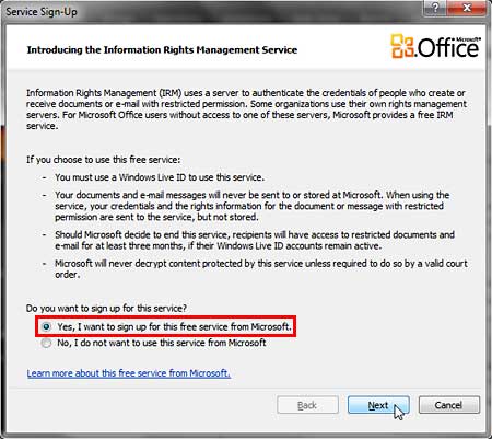 Service Sign-Up dialog box