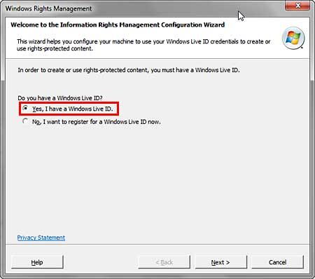 Windows Rights Management dialog box