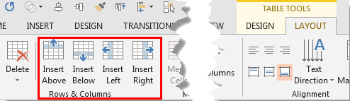 Rows & Columns group within the Table Tools Layout tab