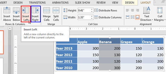 Table column selected