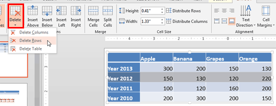 Delete a row within a table