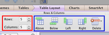 Rows & Columns group within the Table Layout tab Rows & Columns group within the Table Layout tab