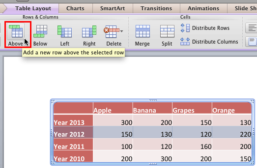 Insert a new row above the selected row