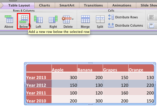 Insert a new row below the selected row Insert a new row below the selected row