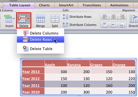 Delete a row within a table
