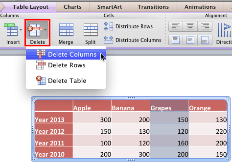 Delete a column within a table