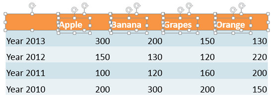 First row of table components selected